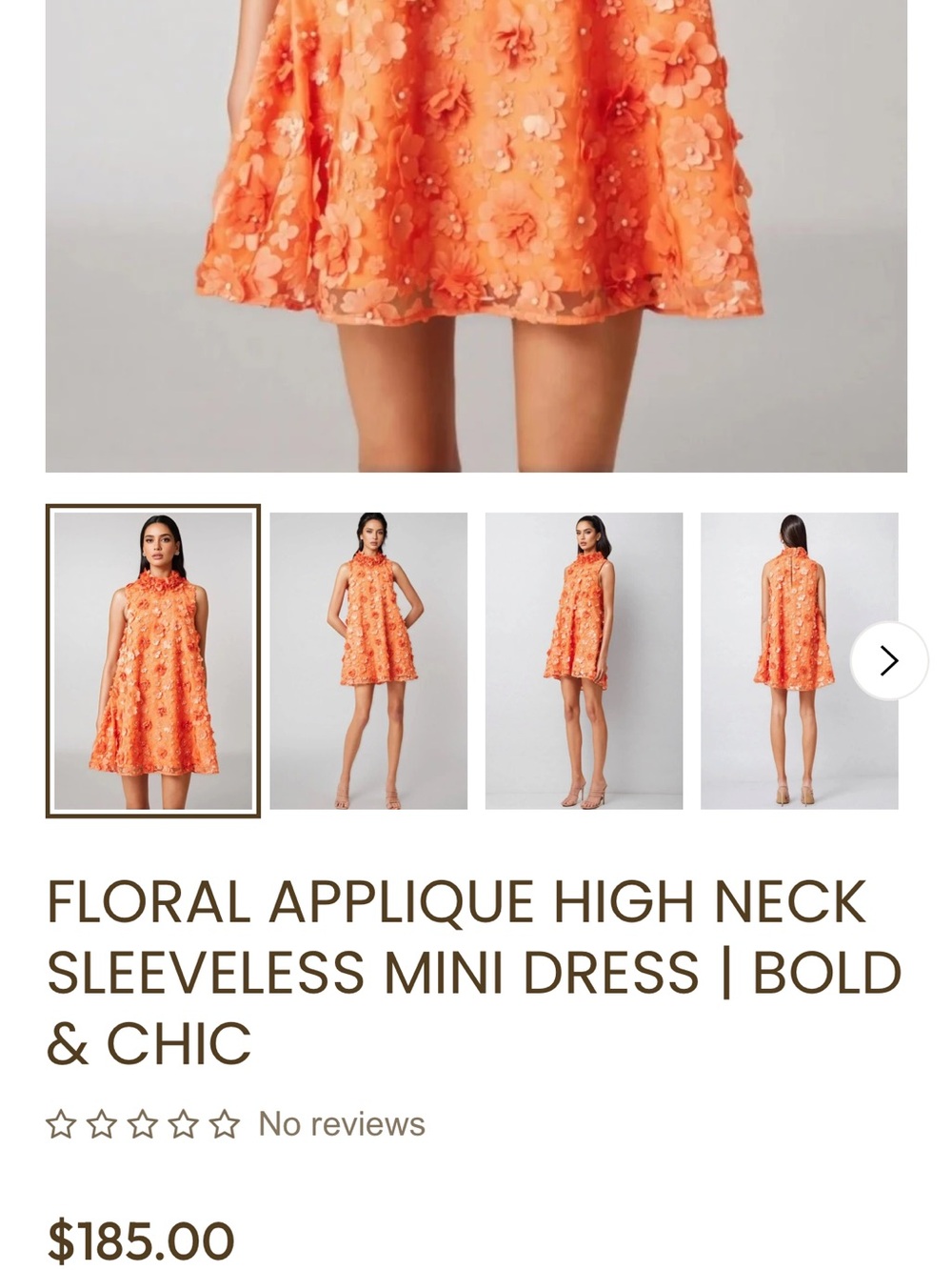 Girls' Orange Floral Applique High-Neck Sleeveless Dress